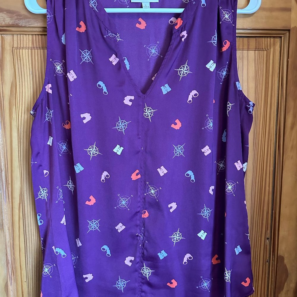Modcloth Purple Creative Contribution Sleeveless Tank in Travel Print, Size L